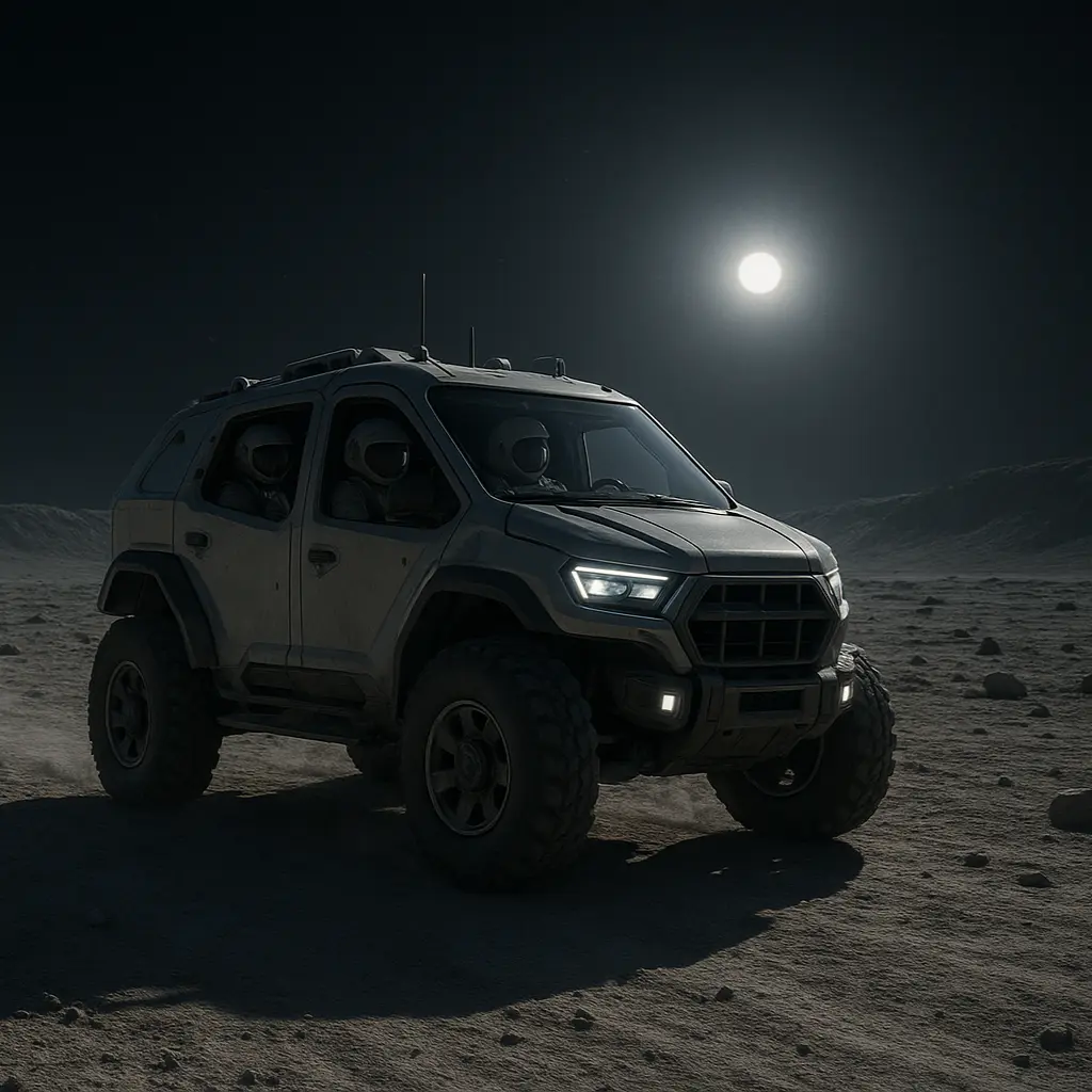 Véhicule tout-terrain lunaire avec deux astronautes à l’intérieur, roulant sur un sol rocailleux sous un ciel nocturne sur la lune.