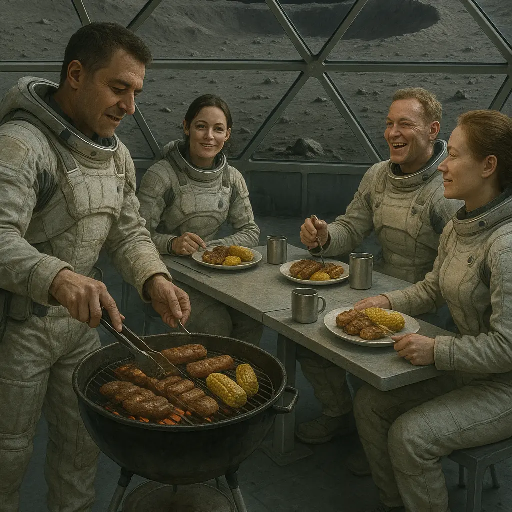 Quatre astronautes en combinaison spatiale partageant un repas dans une base lunaire, avec barbecue, assiettes remplies et ambiance conviviale autour d'une table.