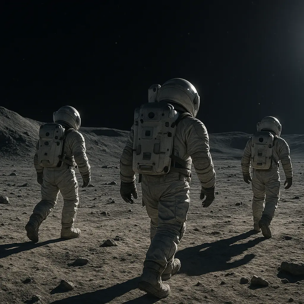 Trois astronautes marchant sur la surface de la Lune sous un ciel noir étoilé, avec leurs ombres projetées au sol.