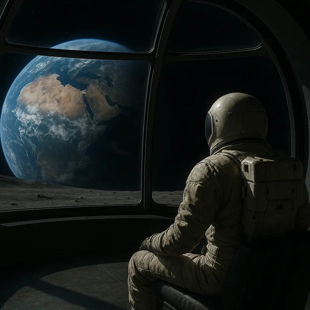 Astronaute assis dans une navette spaciale, regardant la Terre à travers une grande baie vitrée avec une vue dégagée sur la Terre.