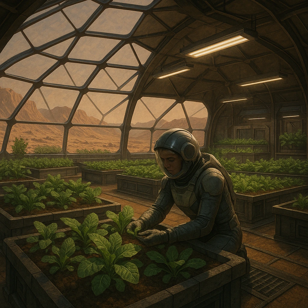Astronaute en combinaison prenant soin de plantations dans une serre géodésique sur une planète désertique, Mars, avec des montagnes visibles à travers la structure vitrée.