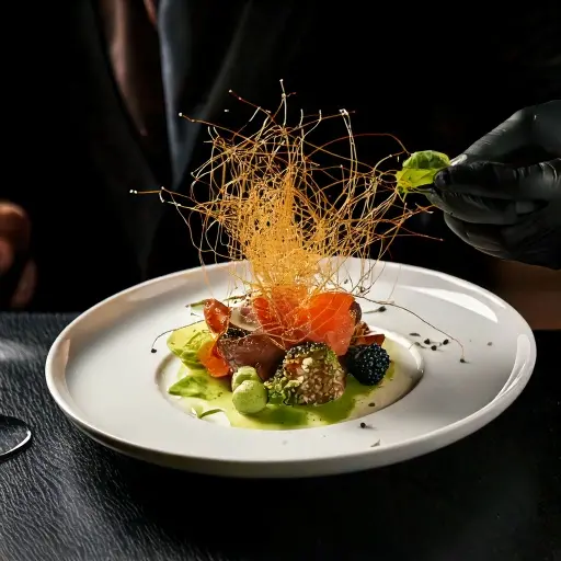 Plat gastronomique sophistiqué décoré d’un dôme de sucre filé, de mousse verte, de fruits et de légumes sur une assiette blanche.
