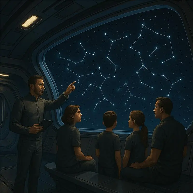 Groupe de personnes dans une station spatiale observant des constellations tracées dans le ciel étoilé à travers une grande vitre panoramique, avec un guide tenant une tablette.