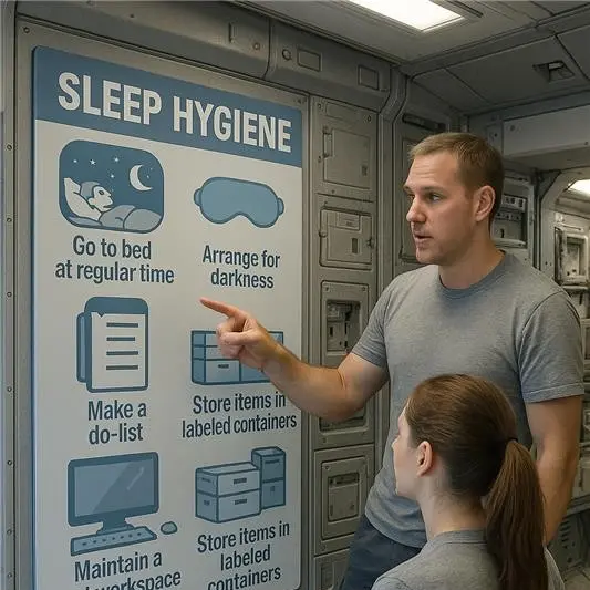 Homme expliquant à une jeune fille un panneau sur l’hygiène du sommeil à bord d’une station spatiale, avec des conseils comme se coucher à heure régulière, créer une liste de tâches et maintenir un espace de travail propre.