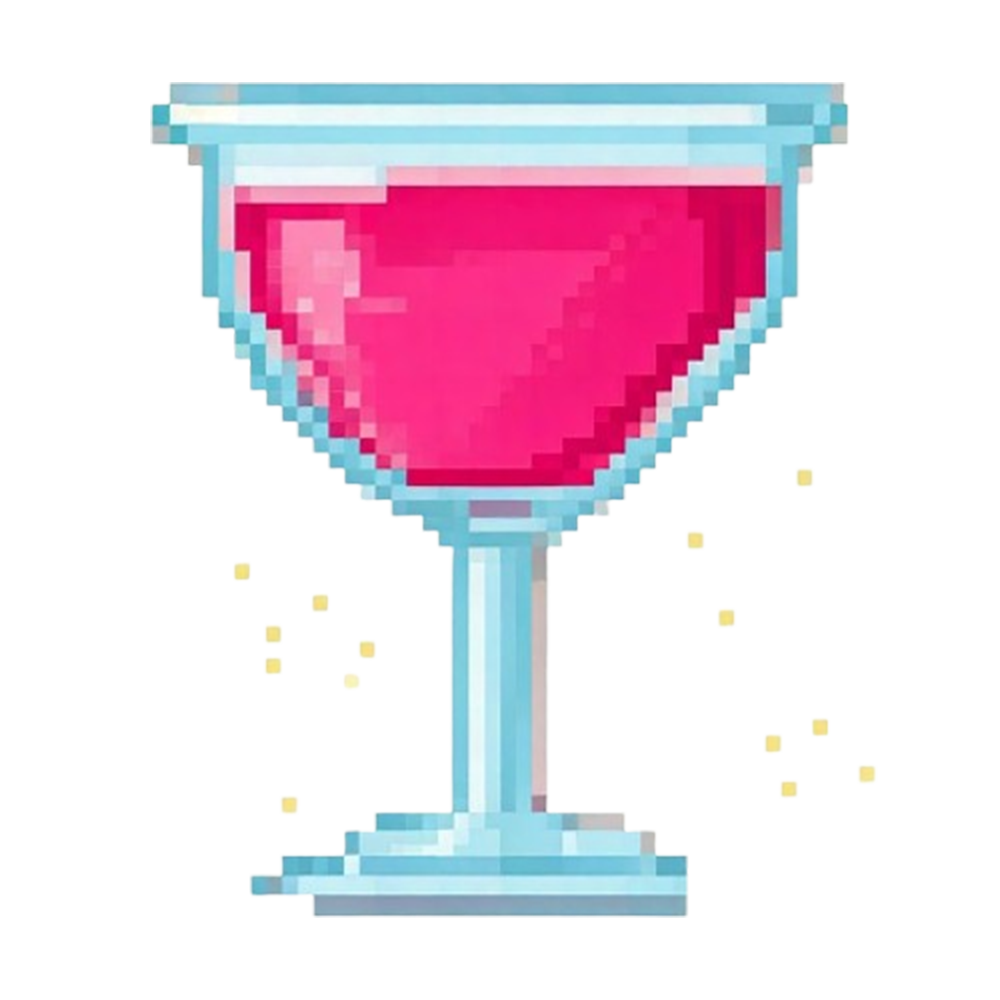 Verre à pied en pixel art contenant une boisson rose vif.
