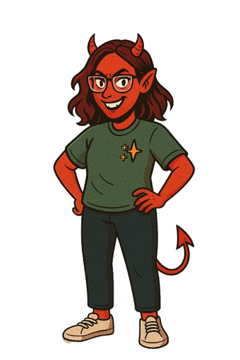 Illustration d’un personnage féminin rouge avec cornes et queue de diable, portant des lunettes, un t-shirt vert et un pantalon noir, souriant les mains sur les hanches.