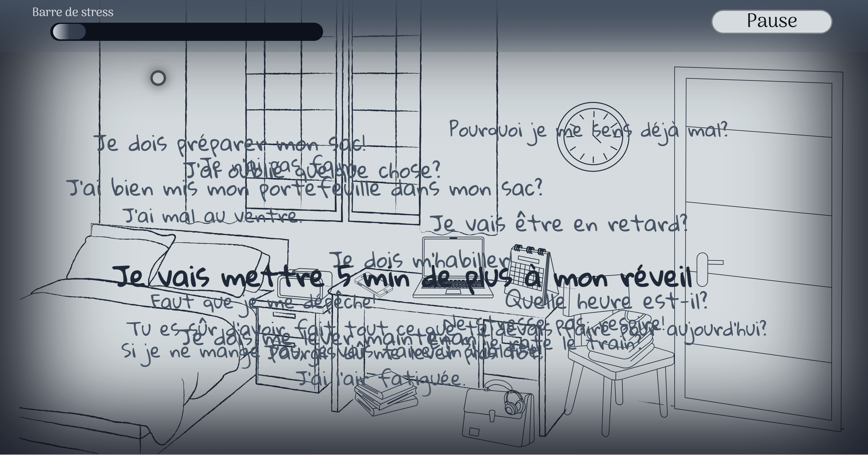 Une étape de l'expérience Souffle coupé, représentation de la chambre avec des pensées flottantes