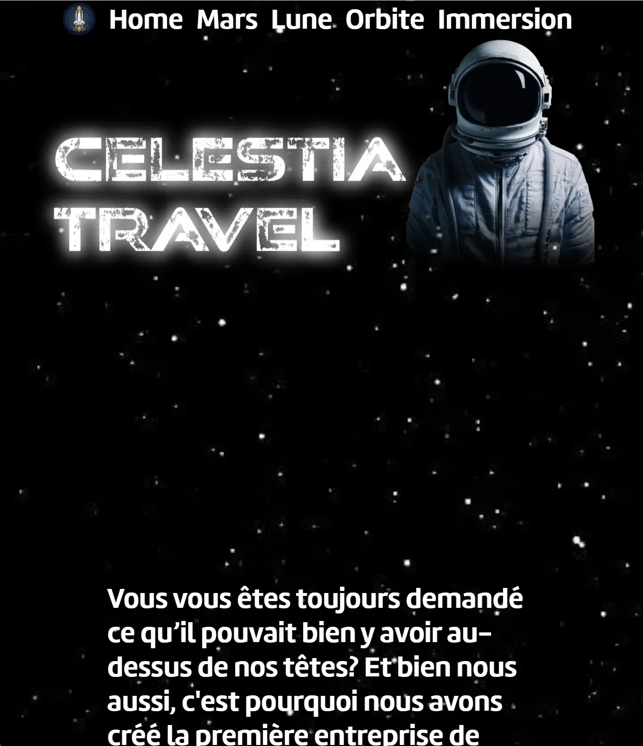 Affiche futuriste avec un astronaute dans l'espace, le logo lumineux 'Celestia Travel' et un menu avec les mots Home, Mars, Lune, Orbite, Immersion