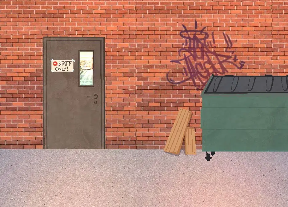 Arriére plan du niveau 1, mur en briques rouges avec une porte grise, des planches en bois posées au sol, un conteneur vert et un graffiti violet au mur.